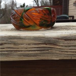 Early plastic amber and green bangle bracelet